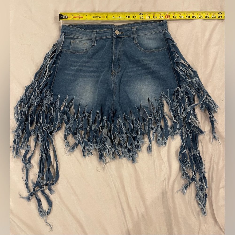 Denim Fringe Jean Shorts - Blue - Picture 4 of 6
